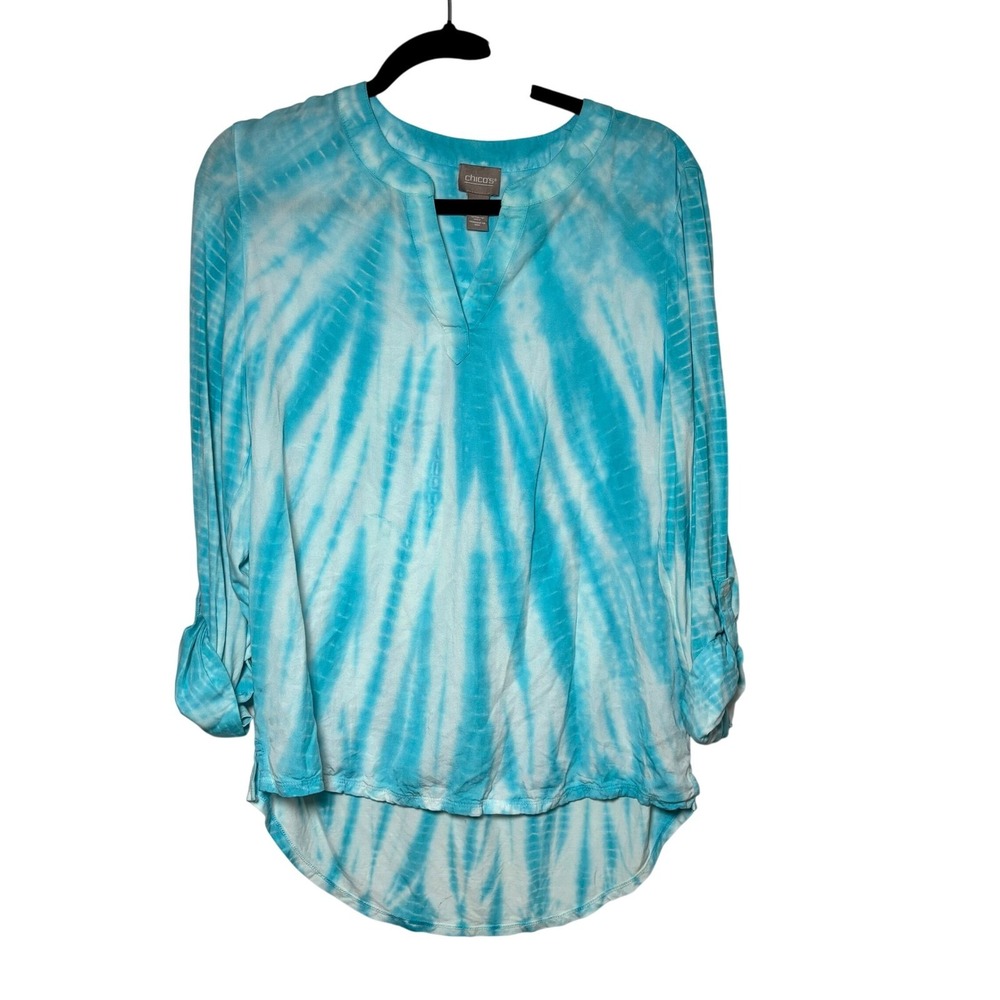 Chicos Tie Dye V Neck Roll Tab Sleeve Tunic Top Women Size 1 Medium Blue White